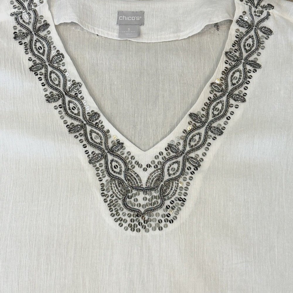 Chico's White Blouse with Neckline Embroidered with Gray Beading Size XL - Picture 4 of 12